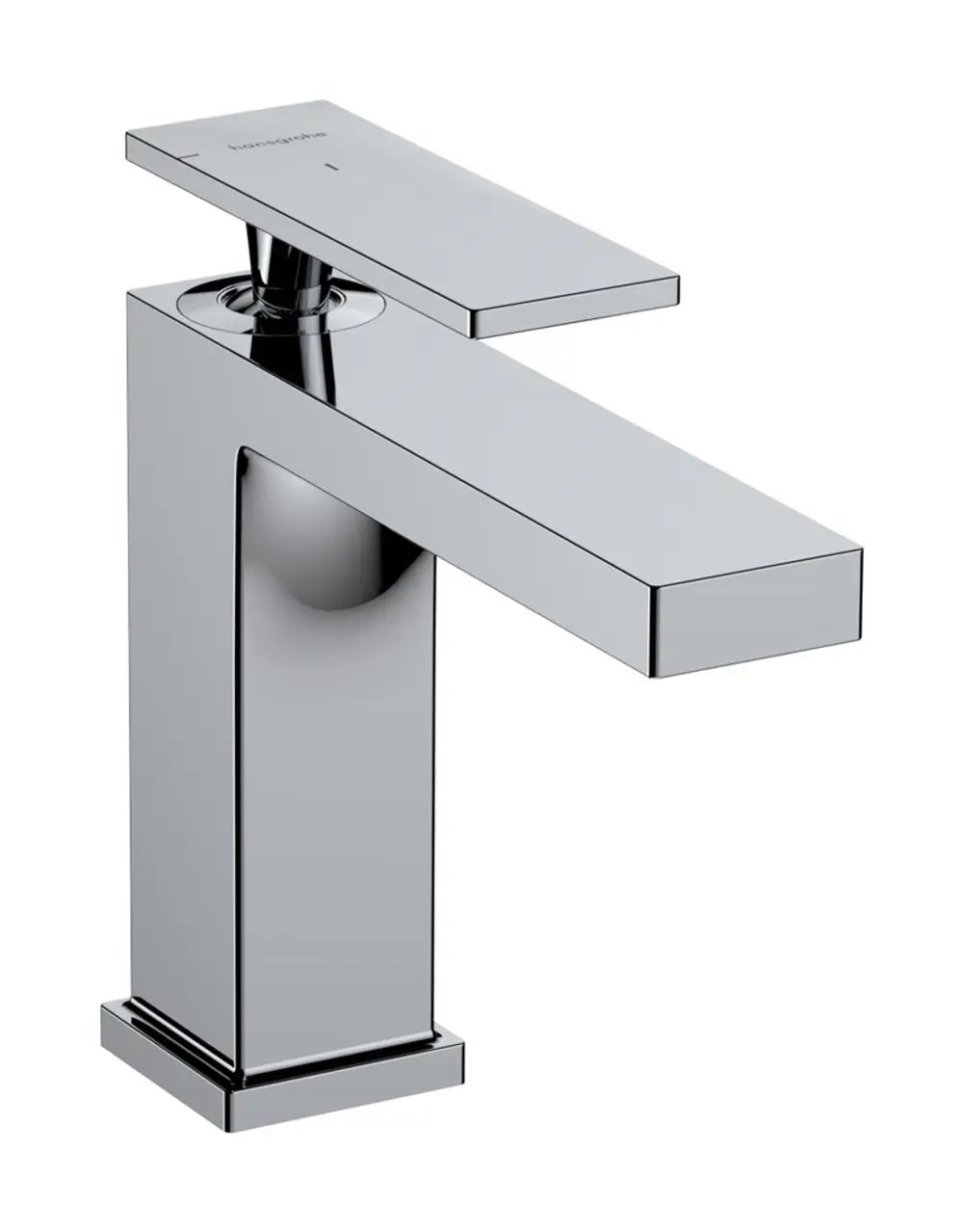 Hansgrohe-Waschtischmischer in chromfarbener Ausführung mit flacher Bedienoberfläche und eckigem Design. Ideal für moderne Badezimmeranwendungen.